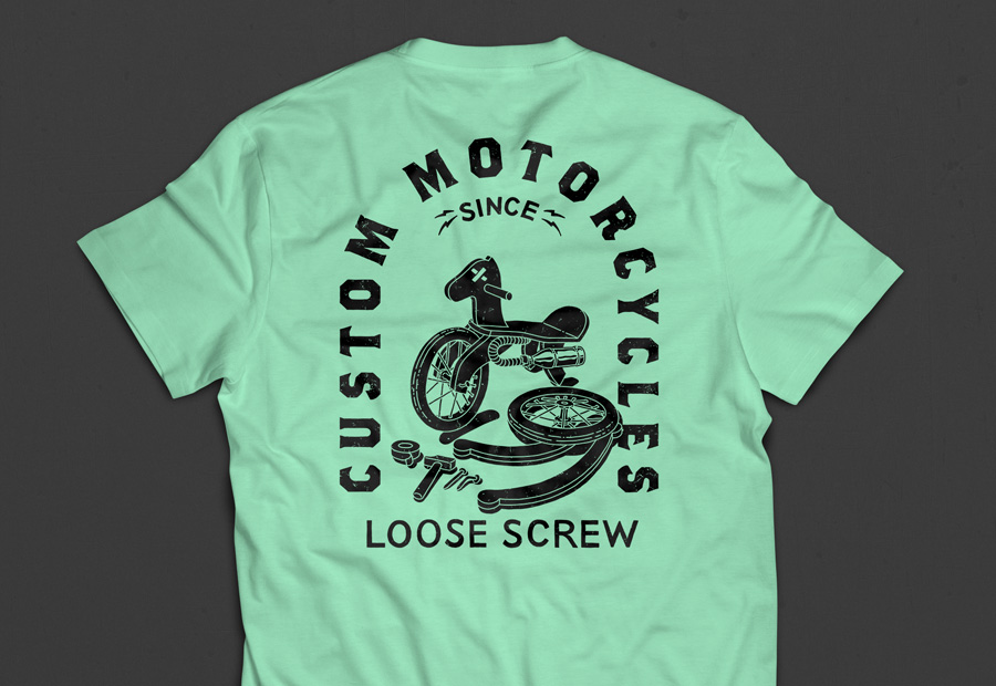 Loose Screw. Custom Motorräder. Shirt Aufdruck hinten. Illustration.
