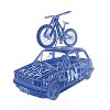 Priorities. Mtb art. Illustration eines Dounhill Fahrrad auf dem Dach eines alten Autos.