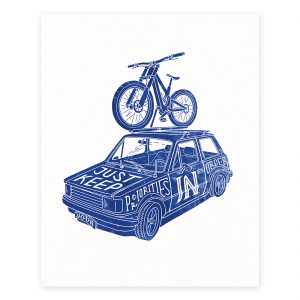 Priorities. Mtb art. Illustration eines Dounhill Fahrrad auf dem Dach eines alten Autos.