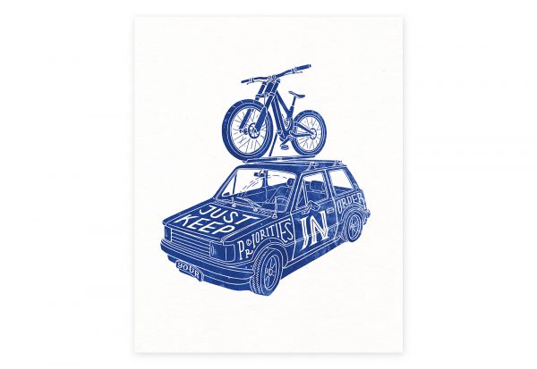 Priorities. Mtb art. Illustration eines Dounhill Fahrrad auf dem Dach eines alten Autos.