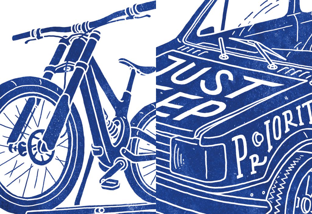 Priorities. Mtb art. Illustration eines Dounhill Fahrrad auf dem Dach eines alten Autos. Detail