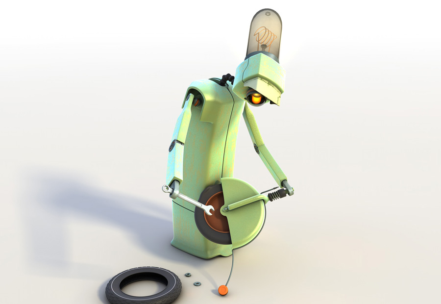 Comic-Charakter Roboter repariert sein Rad.