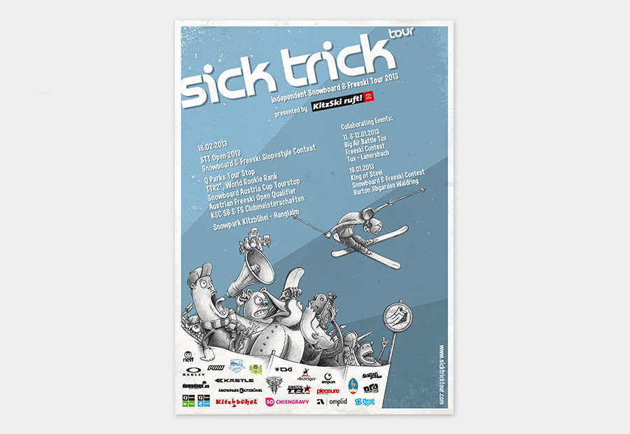 Sick Trick Tour Plakat 2013. Detail. Illustration zeigt Comic-Charakter. Snowboard und Freeski Freaks feuern einen Freeskier an.