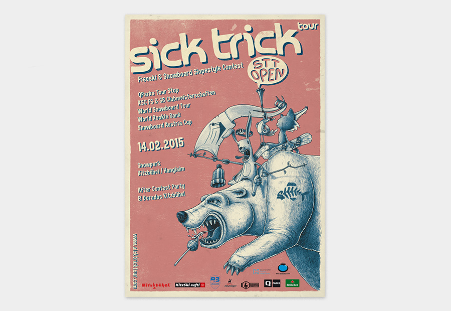 Sick Trick Tour Plakat 2015. Illustration zeigt Comic-Charakter. Tiere reiten auf Eisbär.