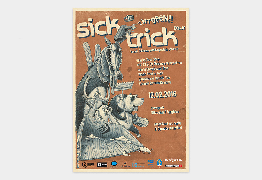 Sick Trick Tour Plakat 2016. Illustration zeigt Comic-Charakter. Tiere als Park Shaper.