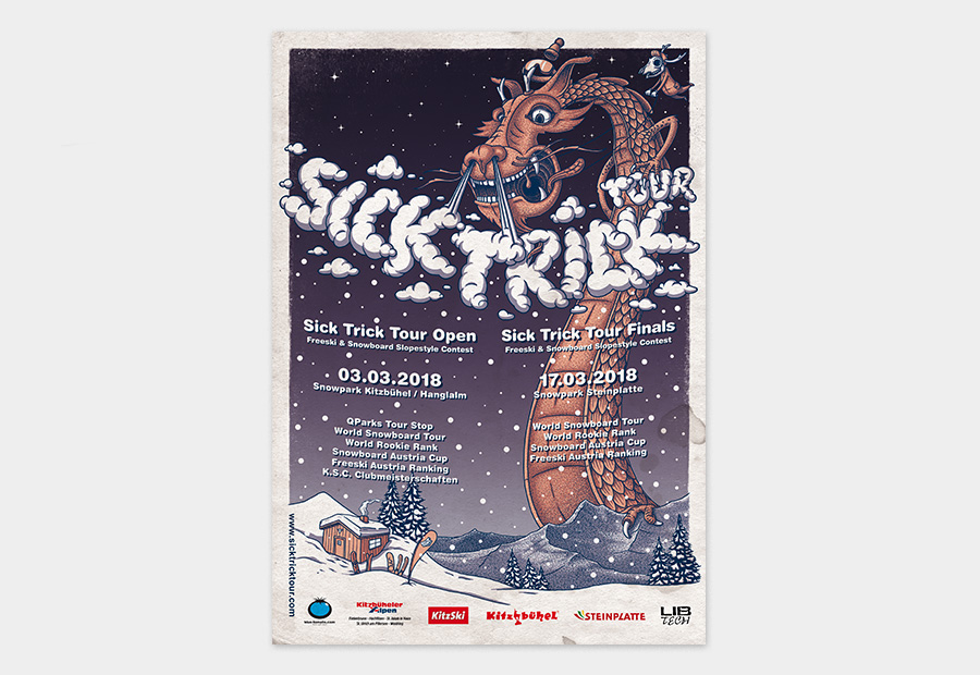 Sick Trick Tour Plakat 2018. Illustration zeigt eine Drachen der Rauch ausstößt.Comic-Charakter in Winterlandschaft.