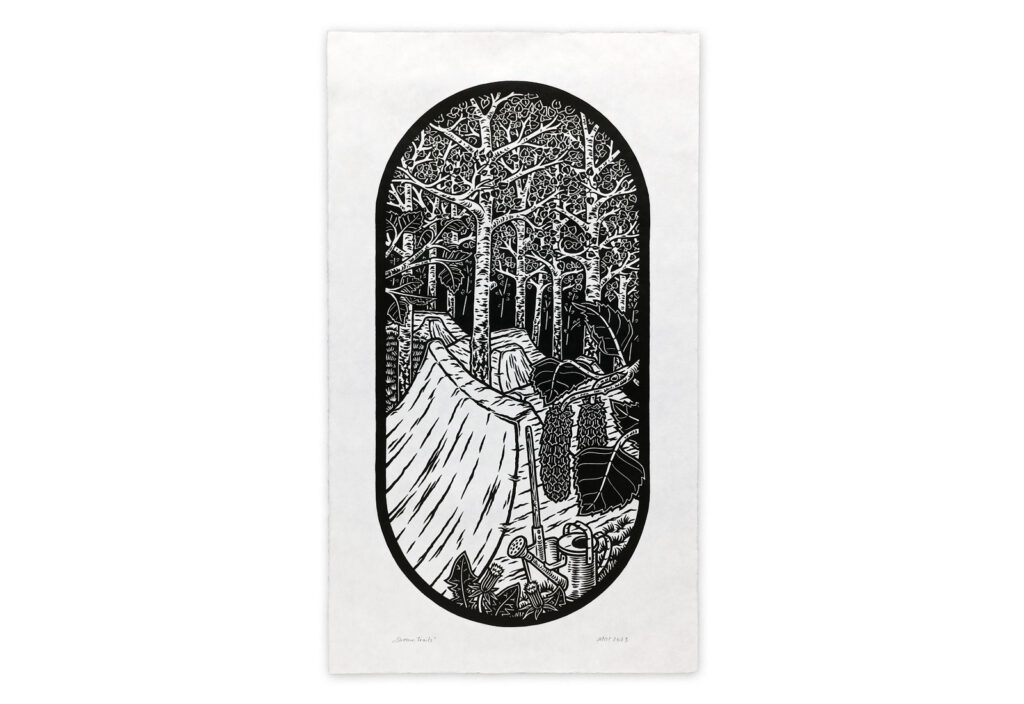 Eine Illustration in schwarz und weiß. Zu sehen ist eine Jumpline durch einen Wald.